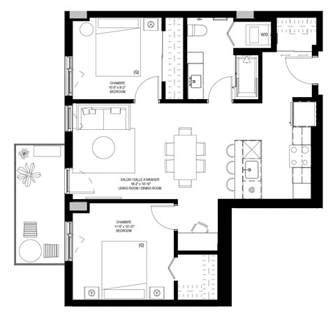 Floor plan for 2 beds, 1 bath, 797 sqft
